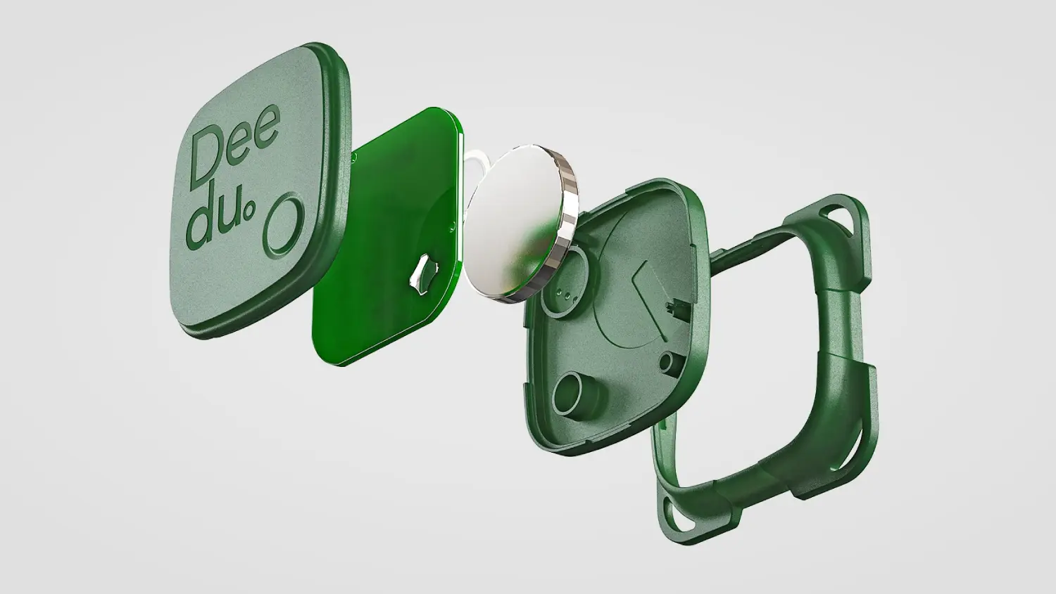 Exploded view rendering of a compact consumer electronic device likely a tracker, tag, or simple wearable.