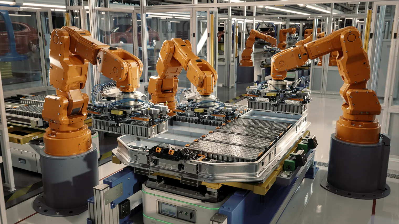 Orange robot arms working on a product in a manufacturing facility.